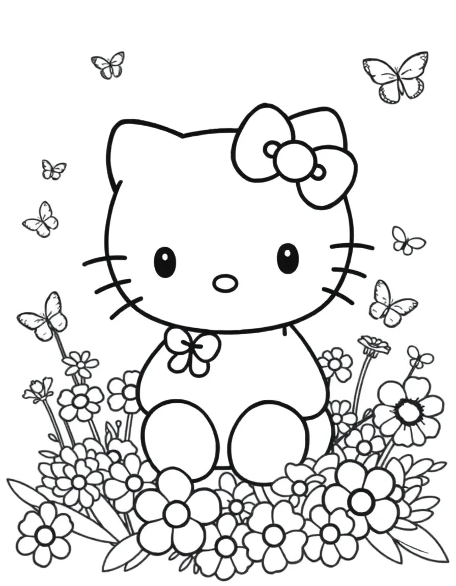 Hello Kitty coloring page, Hello Kitty sitting in a garden surrounded by flowers and butterflies, cute floral theme, outlined black and white line art, detailed floral patterns, {Hello Kitty with bow}, kawaii Sanrio art style, designed for coloring books, no shading or color, plain white background, clean symmetrical composition, simple cartoon lines, smooth vector drawing, printable A4 size, clear contour lines, perfect for kids and adults coloring pages
