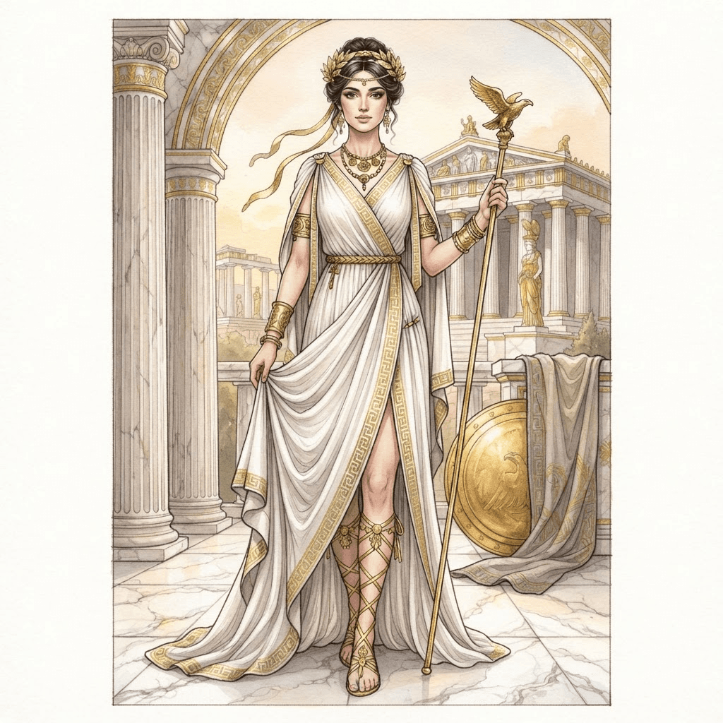 greek mythology fashion, draped white chiton, gold laurel crown, sandal wraps, marble and gold palette, full length gown look, fashion illustration, full body