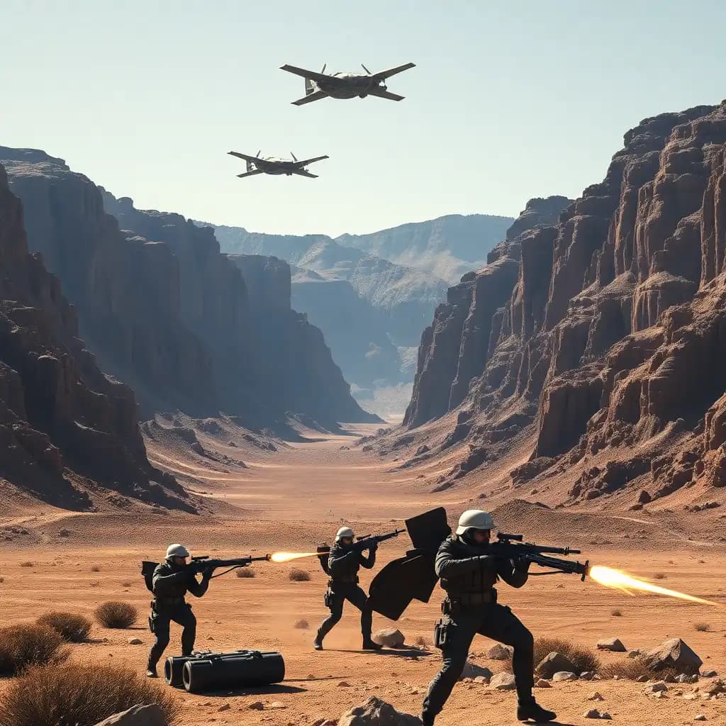 image barren canyon surrounded by flat-topped mountains, Gigantic and enormous Titans flies on the ground and in flight, on the ground armed soldiers defended themselves by firing salvos from their laser rifles, réalistic photographic pro, 4K, close -up