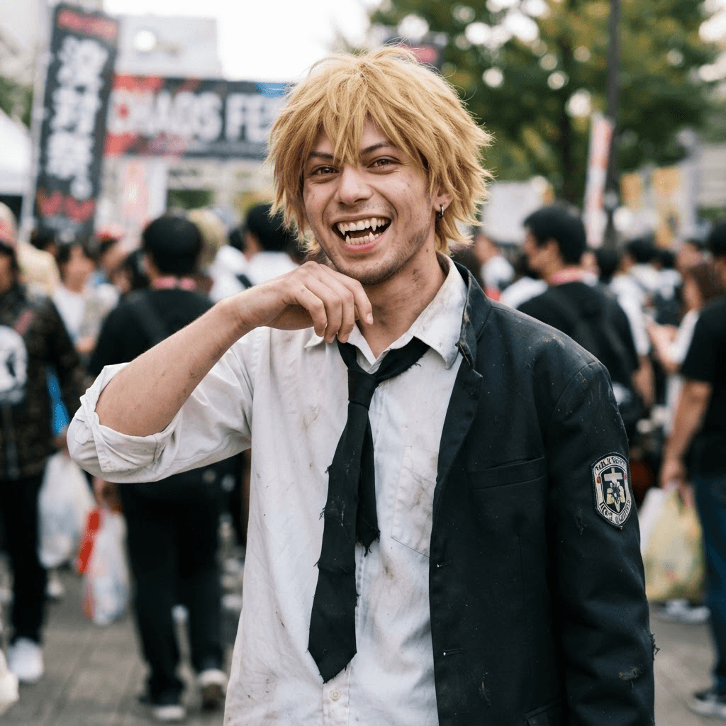 a scruffy blond teenager in a white shirt and black tie with sharp teeth and a wild grin, cosplay portrait, waist up, detailed costume