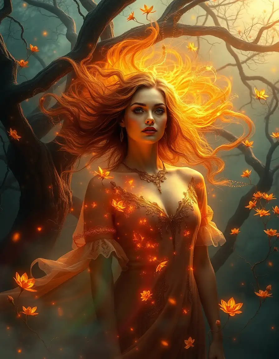 a wondrous woman radiates a mesmerizing fusion of intense burning fiery golden auracast and enchanting smoky rainbow auracast by the mystic gleam of blazing intense smoky rainbow shadows and a subtle aura of shimmering warmth at the threshold of a mystical realm where a fusion of thick, billowy and delicate, lacy rainbow smoky shadows intertwine with intensified warm, fiery golden shadows amidst ethereal mist infused with radiant, luminescent smoky rainbow hues and gleaming dewdrops shimmering with deeper, darker smoky rainbow colors amidst twisted, gnarled trees infused with the essence of illuminated, radiant smoky rainbow shadows and intricate, ornate golden filigree, her mystical form deeply set amidst profound wispy, smoky rainbow shadows rich with warm, softly gleaming golden accents and lush, vibrant blooms bathed in the resplendent, deepened glow of intense burning smoky rainbow shadows that intensely amplify her captivating aura, infused with an otherworldly energy of turbulent smoky rainbow hues and wispy tendrils of fiery golden auracast.
