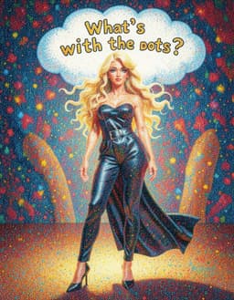 Dolly‑fa, a glamorous blonde figure, stands center‑stage beneath a whimsical thought cloud that hovers above her head. Inside the cloud the text “What’s with the dots?” appears in playful cartoon lettering. The entire composition is rendered in Georges Seurat‑style pointillist impressionism, with dot art covering most of the image, blending seamlessly over both the photorealistic portrait of Dolly‑fa and the illustrative background. The dot texture catches the soft light on her hair and outfit, giving the scene a vibrant, shimmering atmosphere while preserving her likeness from the reference image.