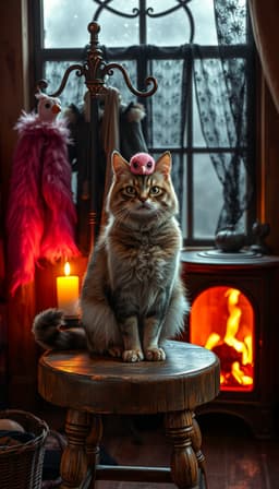 grumble cat on a weathered wooden stool, pink bird‑fa perched on a rustic coat rack in a gothic cabin, glossy highlights emphasizing reflective surfaces, candlelight and fireplace glinting on fur and feathers, pastel pink glitter sparkling in the air, mist‑filled window with black lace curtains, eerie yet whimsical tableau.