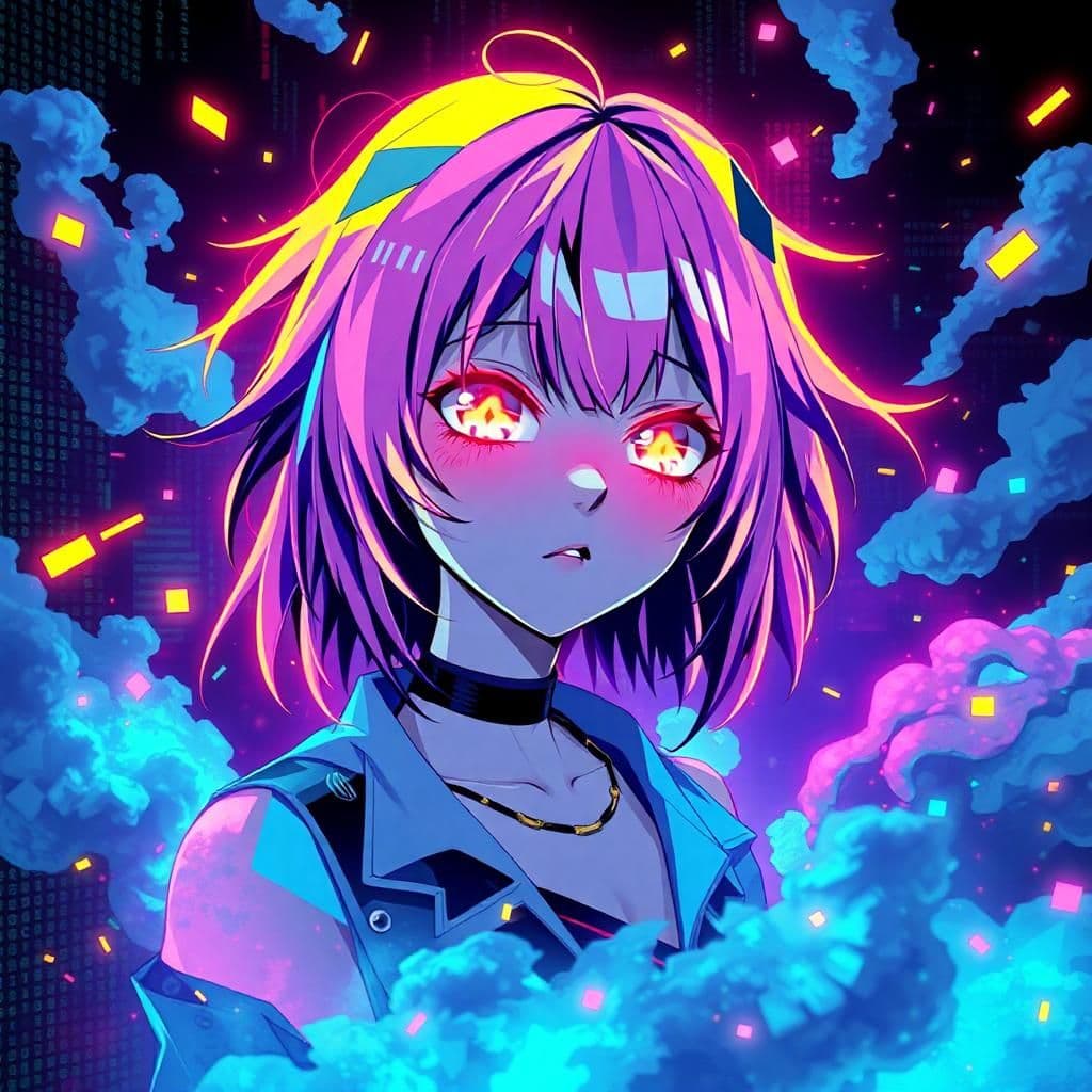 Generate an image of a bold, glitch art-inspired egirl immersed in a surreal and fragmented dimension. Her hair and skin should be composed of bright, neon-colored polygons, while her eyes emit a radiant glow similar to flickering screens. She should be wearing a distressed cyberpunk outfit and surrounded by swirling clouds of corrupted code. The artwork should exhibit a captivating high-contrast style that merges traditional anime elements with digital glitch art, taking cues from the creations of Ryoji Ikeda and Cryptobiosis.