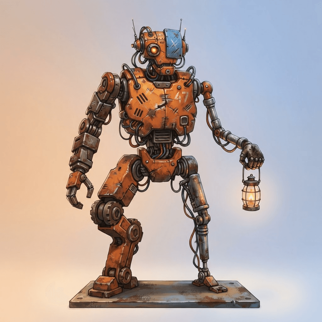 a rusty orange scrapyard robot character with mismatched limbs, a dented chest plate and a small lantern in one hand, full body original character design, clean soft gradient studio background, vibrant, crisp high detail, digital illustration, no text, no words, no watermark