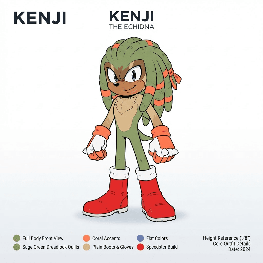 anthro echidna speedster oc base, clean full body pose reference, front view, sage green dreadlock quills with coral accents, plain boots and gloves, flat colour, minimal shading, plain white background, character reference sheet style, clean soft gradient studio background, vibrant, crisp high detail, digital illustration