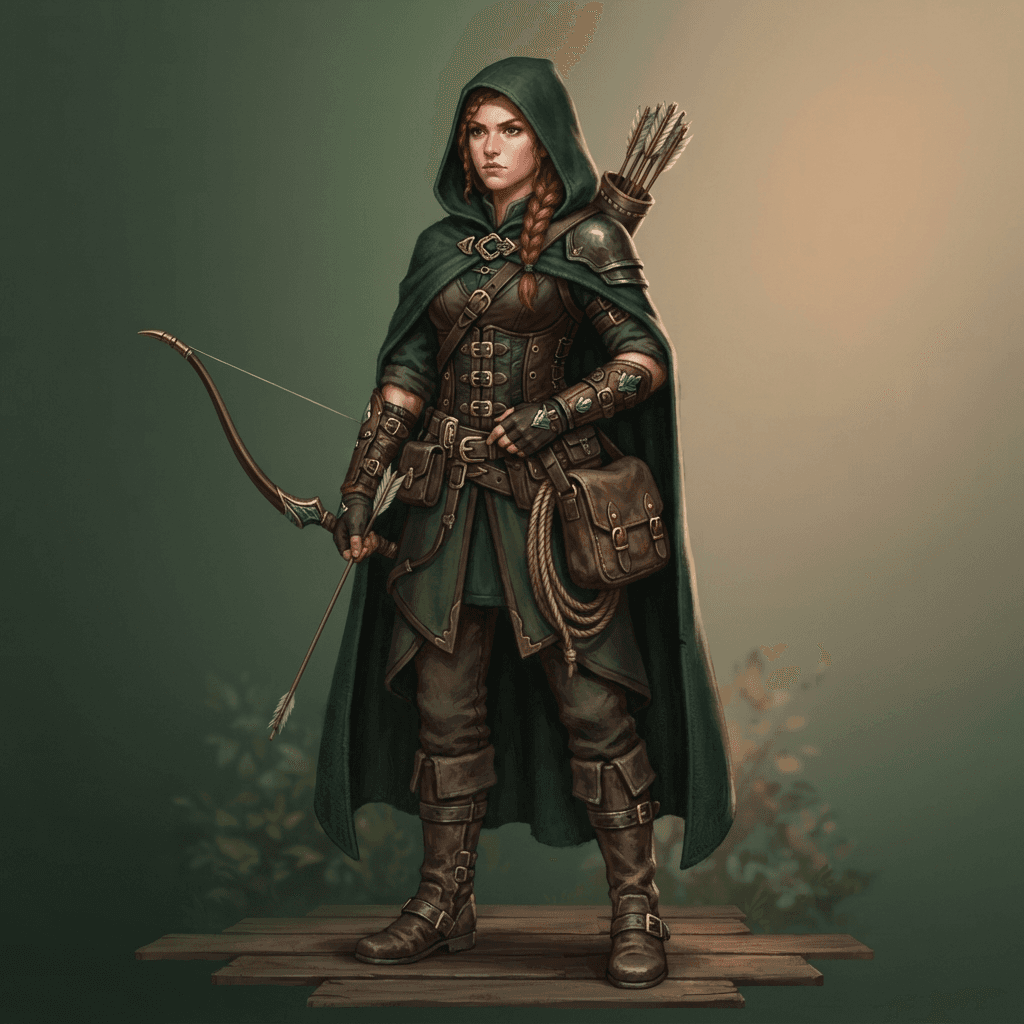 original character in a fantasy ranger outfit, hooded forest-green cloak, leather bracers, brass buckles, travel satchel, full body, painterly style, outfit design focus, clean soft gradient studio background, vibrant, crisp high detail, digital illustration