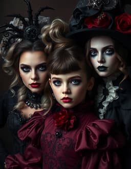 formal headshot portraits of a family of dark fantasy halloween characters featuring a fem boy, close‑up view highlighting elaborate gowns, costumes, makeup and hair, with moody lighting and gothic elegance