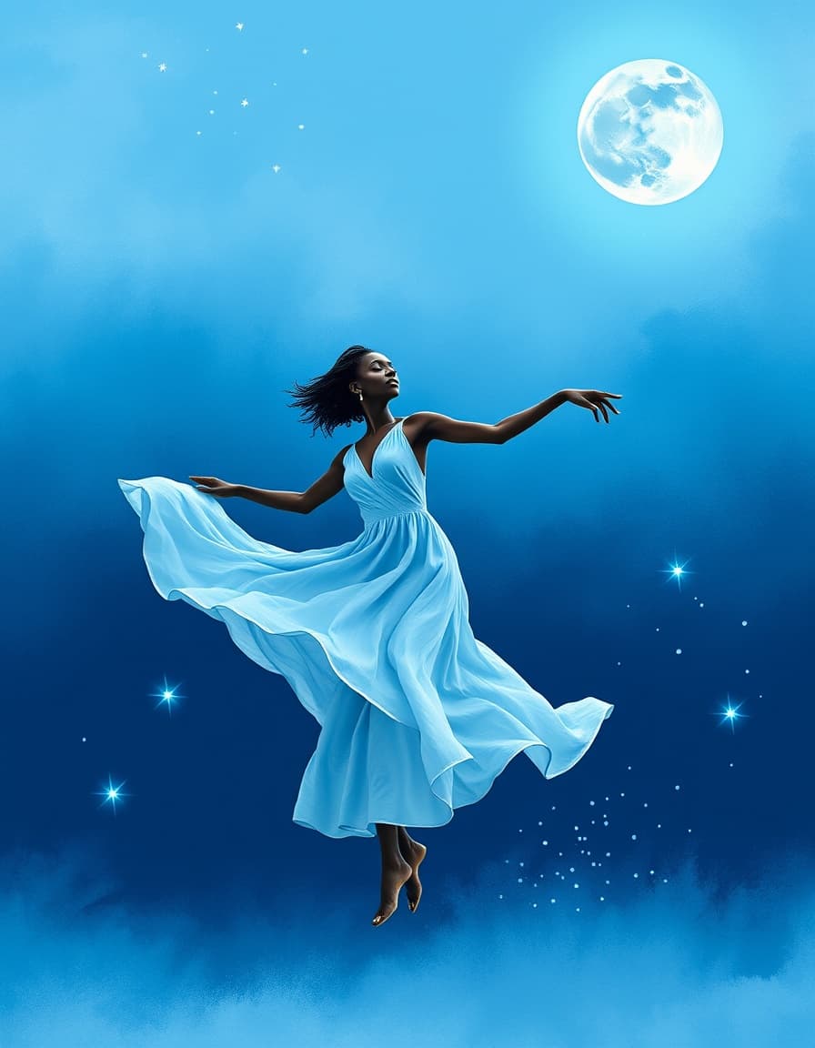 A Senegalese dancer spins in a flowing, pale blue dress under a serene blue sky. Soft blue stars and a light blue moon glow above her. Gentle blue sparks float around her, like tiny lights dancing in the air. The world feels like a soft, blue watercolor painting, with blue shades blending together.