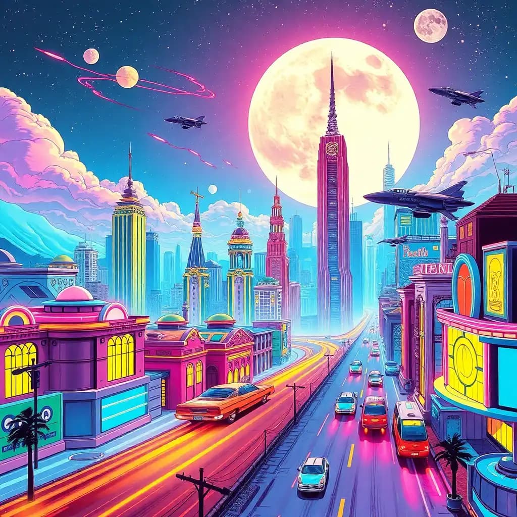Create a dazzling retro-futurism landscape with a city of ethereal allure. Here, art deco towers and flying cars coexist with a vibrant pop art aesthetic, creating an electric atmosphere. Narratives flash by in comic book storyboards, in colors so vivid they transport viewers into a saga of dreamlike exploration.