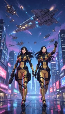 a lone woman with black straight hair, tanned and wind‑whipped, stands as a gleaming cyborg amid a neon‑lit, futuristic sci‑fi city, its skyline pierced by swarms of intergalactic ships. beside her, andromeda strides forward, her silhouette illuminated by the same pulsating glow; she lifts one arm, a graceful wave directed at a nearby colossal starship that hovers in the sky, its hull reflecting the city’s electric lights, while the two figures share the same dramatic atmosphere.