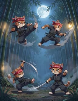 NINJACAT stands in a moonlit bamboo grove, crouched low with eyes narrowed and ears twitching. He launches into a fluid series of ninja style fighting moves: a swift forward roll, a graceful high kick that slices through mist, a spinning back flip landing on one paw, followed by a rapid series of katana‑like claw slashes and a final poised stance with tail coiled, ready to strike. The scene captures dynamic motion, illuminated by soft lantern light filtering through the swaying leaves, highlighting his sleek fur and agile form.