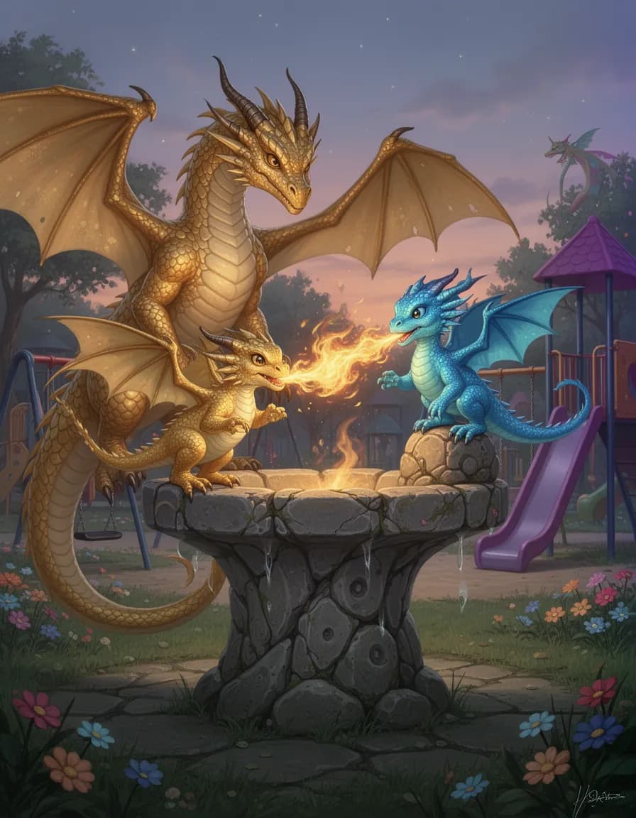 the mother gold dragon stands nearby observing as her baby gold dragon and the tanzanite baby dragon practice breathing fire in unison at a colorful park for dragons, perched on a wobbly stone pedestal amidst a playground at dusk, breathing fire in unison while balancing on the edge and top of the pedestal respectively.