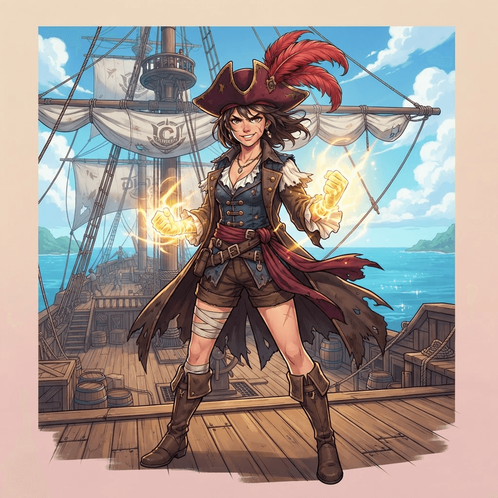 full body young pirate captain with a tall red feathered hat, open vest, wide sash, bold cel shading, glowing golden fists showing a fruit born light power, wooden ship deck with big sails behind, bright tropical sky, adventure anime style