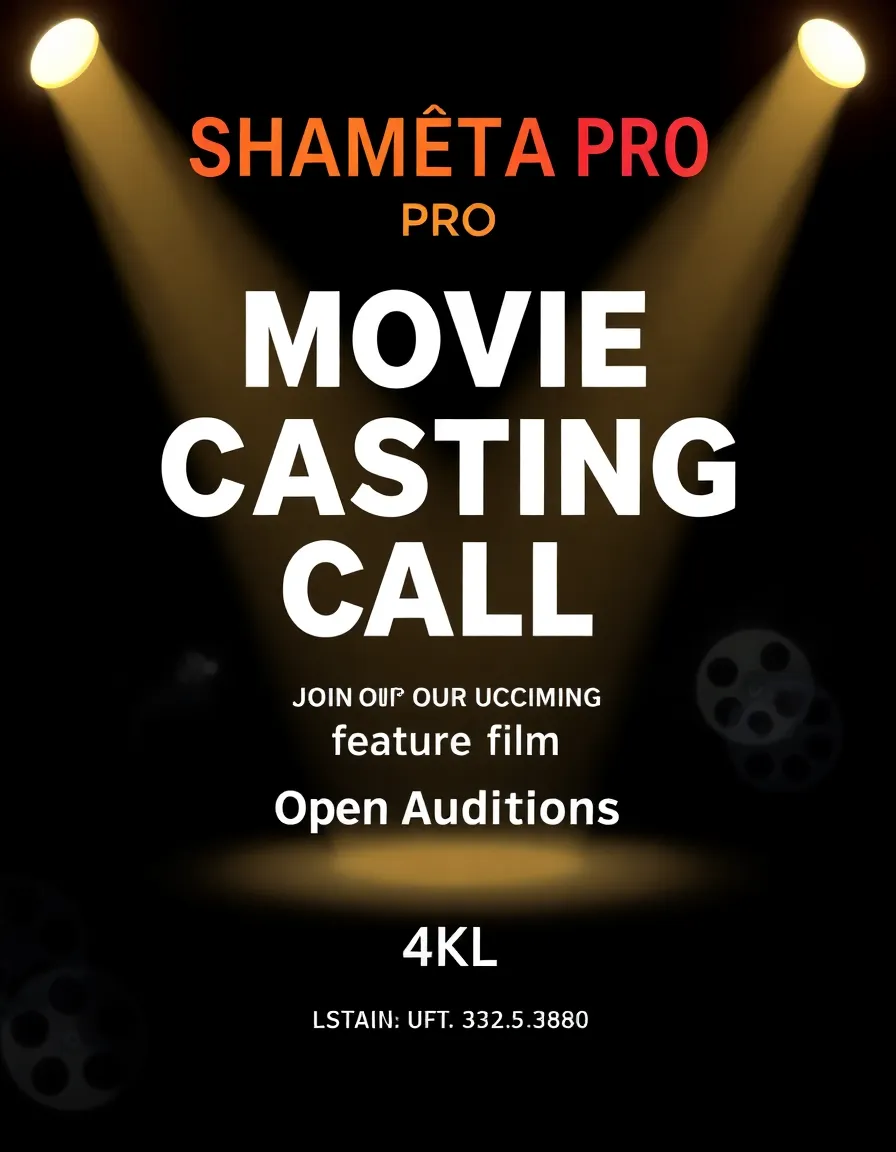 "Professional cinematic movie casting call poster design for a film campaign. Title in bold modern typography: 'SHAMETAA PRO – MOVIE CASTING CALL'. Subtext: 'Join our upcoming feature film – Open Auditions'. Clean and stylish layout with dramatic lighting, spotlight effects, and subtle film reel and camera silhouettes in the background. Location text: 'Location: 4KL'. Contact info at the bottom: Color scheme: dark background with golden and white highlights, sleek and eye-catching like a Hollywood film campaign poster. High-resolution, print-ready, 4K poster design."

✨ You can tweak the style direction depending on your campaign vibe:

Blockbuster Style → add “epic cinematic Hollywood look, glowing light rays, dramatic shadows”

Indie Style → add “minimalist, artistic, film festival poster design”

Vintage Style → add “retro 1980s neon movie poster aesthetic”