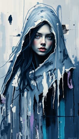 a creative cinematic subject in a grand‑manner dramatic film‑still, icy blue, frosted white, steel gray, deep navy with cool lavender and silvery teal accents, transavantgarde style, raw expressionistic brushwork, mythic imagery, thick impasto, visible drips, scumbled texture, dynamic loosely structured composition, primal simplified figures, dramatic chiaroscuro, glowing fluorescent accents, layered collage of surreal vintage cut‑outs and sleek digital forms, art‑nouveau ornamental lines, calligraphic ink gestures, icy blue, frosted white, steel gray, deep navy, cool lavender, silvery teal accents.