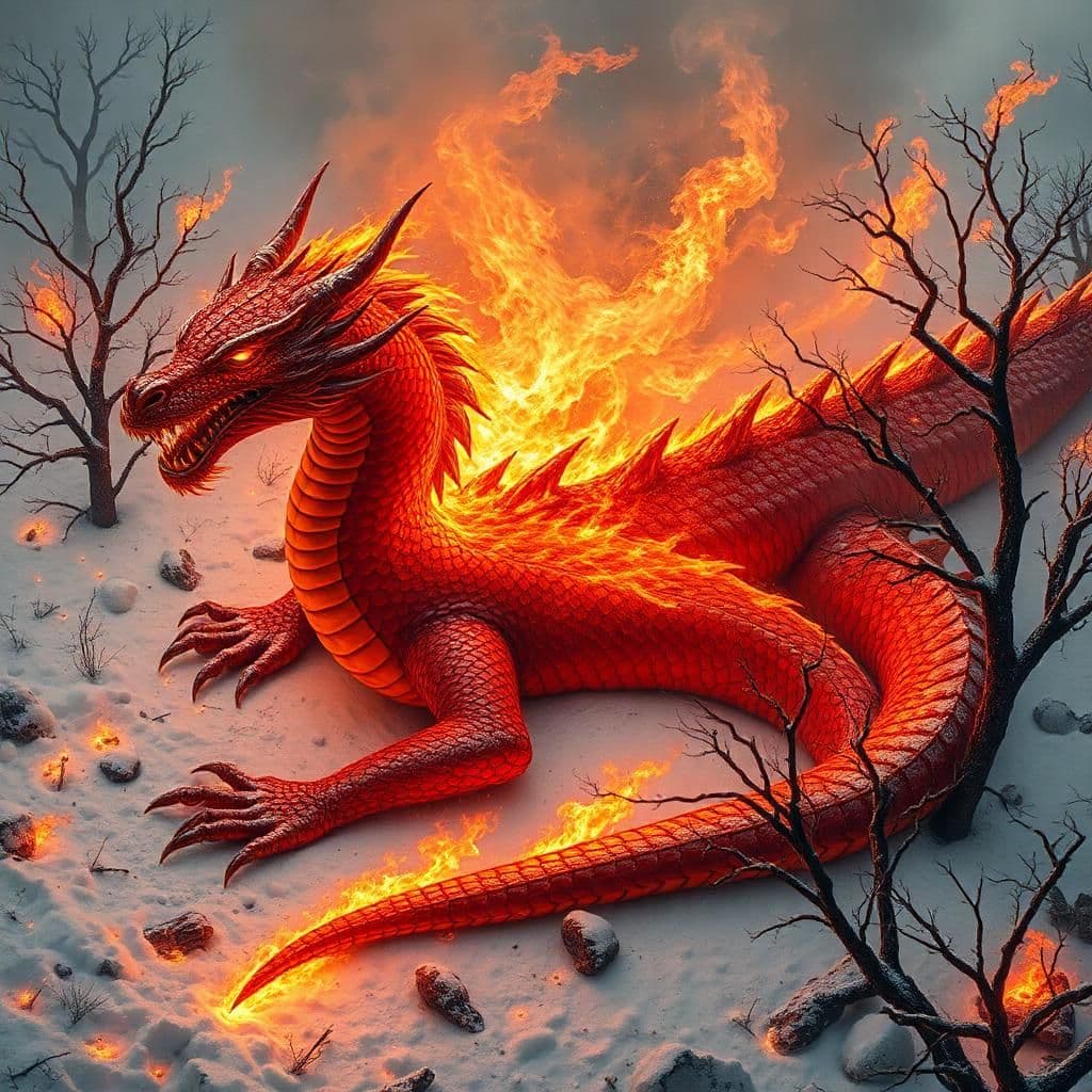 a blazing dragon sprawls across a war-torn snowy battlefield. 

the dragon's scales shimmer like molten lava as they absorb the faint sunbeams, refracting them into dazzling patterns of crimson and gold. its body is a mass of muscular power, veins pulsating beneath its scaly surface. the dragon's eyes burn with fiery fury, igniting the surrounding snow into blazing infernos.

endless drifts of powdery white snow lie smoldering beneath the dragon's colossal feet. smashed icy stalactites glisten like shattered crystal as they melt into steamy mist, driven by the dragon's fervent roar.

the surrounding trees, their limbs charred black, stretch toward the sky like skeletal fingers, clinging for light amidst the desolation. flames dance across the black soot-stained trunks in wild tongues of orange and yellow.

a fiery mist swirls up from the dragon's mouth as it unleashes an inferno of flames that burn hotter than the fiery heart of the earth. the mythical beast is a conduit for raw fury and untamed power. 

the frozen landscape has been transformed into a vision of raw, primal energy - the dragon stands at the epicentre, its inferno burning brighter with every passing moment.