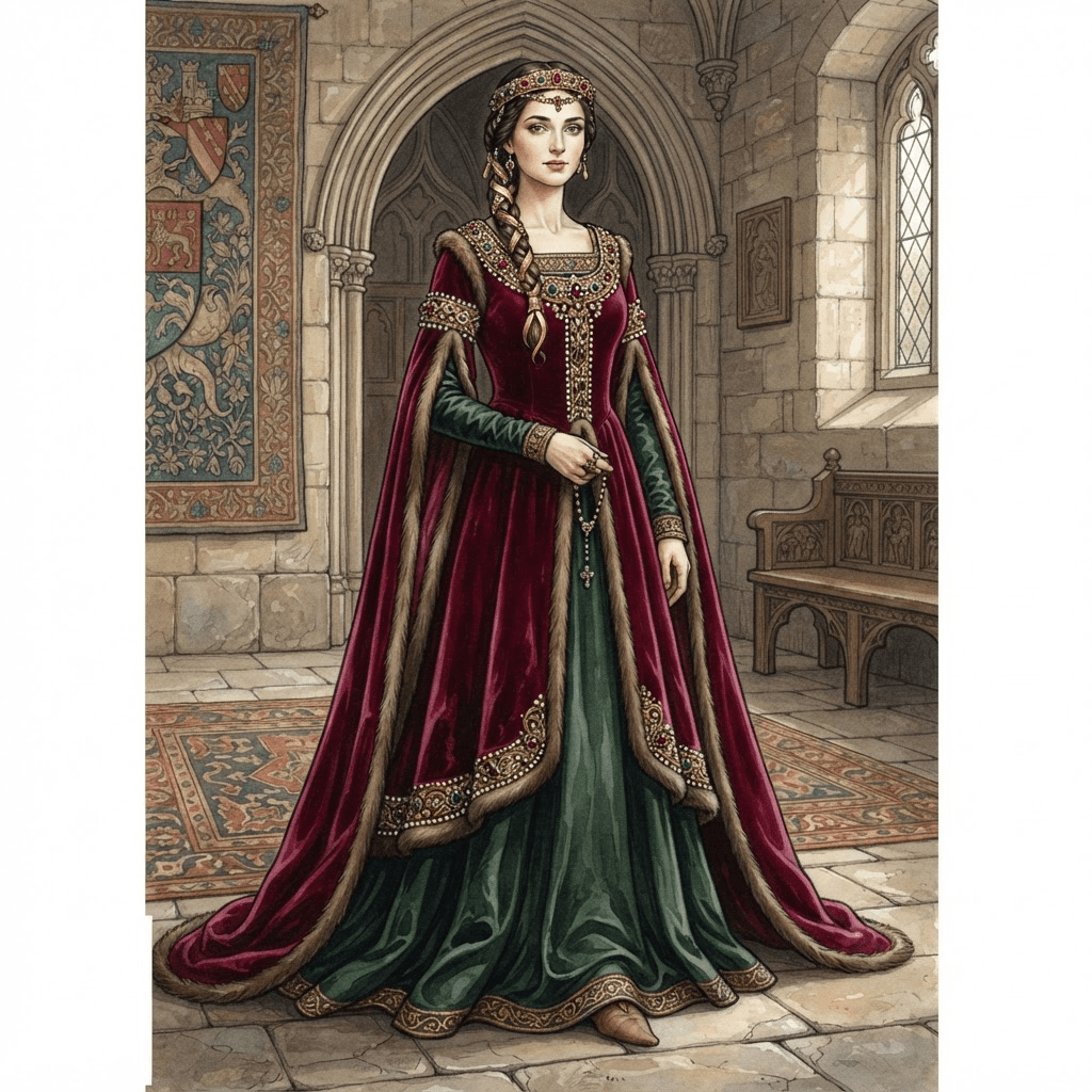 medieval fashion, velvet surcoat, jeweled circlet, trailing sleeves, deep jewel tones, full length gown look, fashion illustration, full body