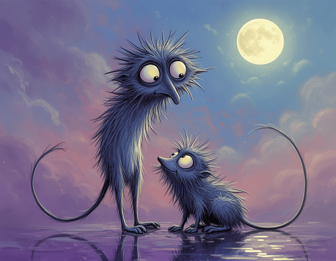 Illustration of a [COLOR] [ANIMAL1] and [COLOR] [ANIMAL2] with exaggerated features. The [ANIMAL 1] is a tall, slender with a large, head with wide, expressive eyes. The [ANIMAL 2], sits on all fours, looking up at the larger animal. Both have spiky, unkempt fur and long, thin tails. The background, a mix of [COLOR], [COLOR], and [COLOR], creates a dreamlike atmosphere. A bright [COLOR] moon is visible in the upper right corner, The ground is reflective, suggesting a wet surface.