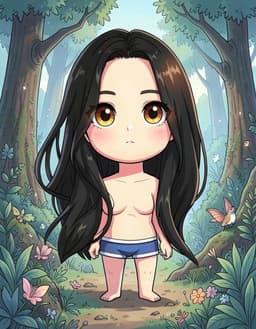 paola stands amid a dreamy, ghibli‑inspired forest, soft blues, greens, and earth tones flooding the scene. her black hair frames a fair‑skinned face, warm amber eyes shining with gentle sweetness. the illustration uses clean, uncluttered lines and expressive features, with crisp lineart and vivid colors that echo the tranquil atmosphere. she is fully clothed, head‑and‑shoulders view, facing forward, surrounded by lush foliage and subtle fantasy details that blend seamlessly with everyday life, inviting the viewer into a serene, immersive world.