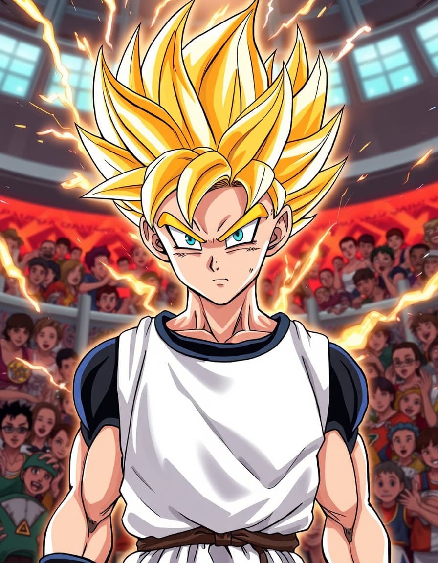 teen gohan from dragon ball z, depicted as a teenage super saiyan 2 in the cell saga, rendered in vibrant digital illustration with smooth, refined lines and a polished finish, stylized exactly like the dynamic, exaggerated art of the slam dunk anime: intense, expressive facial features, sharp angular shading, exaggerated motion lines, and dramatic, high‑contrast lighting, with gohan’s golden super saiyan hair spiking dramatically, fiery aura crackling around him, and the iconic cell‑filled background rendered in the bold, gritty manga‑style perspective of a basketball court showdown.
