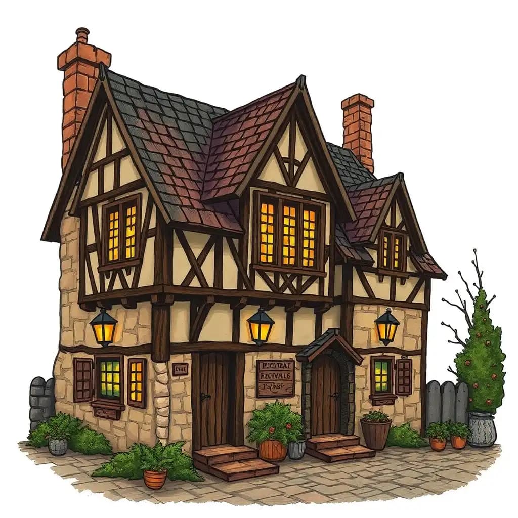the medieval inn in a medieval manuscript style