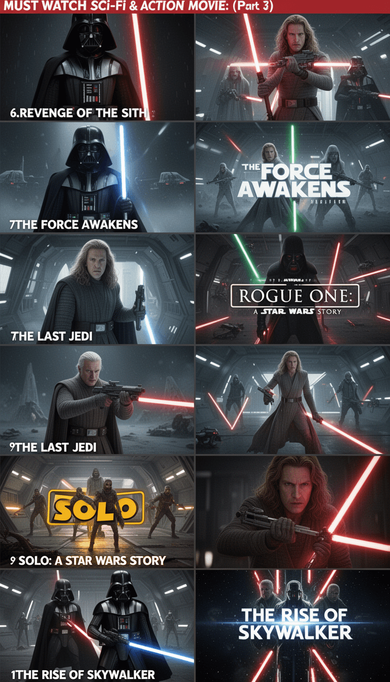 MUST WATCH Sci-fi & Action movie: (Part 3) 
6.Revenge of the Sith 
7.The Force Awakens 
8.Rogue One: A Star Wars Story 
9.The Last Jedi 
10 Solo: A Star Wars Story 
11.The Rise of Skywalker 
Generate image and Convert to   releted with movie photos with best quality