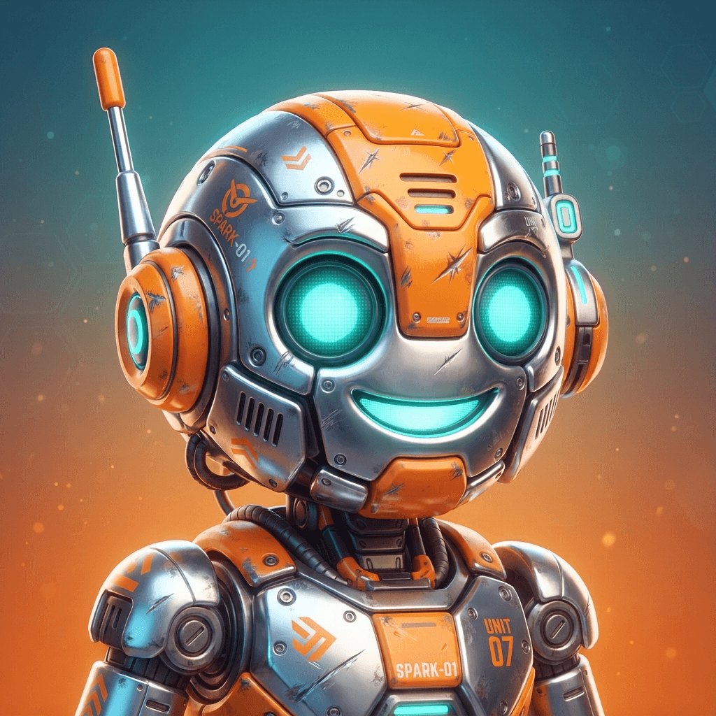 original friendly robot video game character, stylized 3D cartoon battle royale game art, close-up avatar portrait, chrome and orange plating, glowing teal eyes, toy-like render