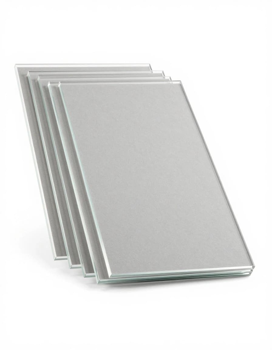 A 4x6 inch transparent acrylic sheets. Each acrylic sheet is about 1cm away to eachother. All acrylic sheets coverd with grey color paper. Every sheetbundle of 5 pcs. White color background.