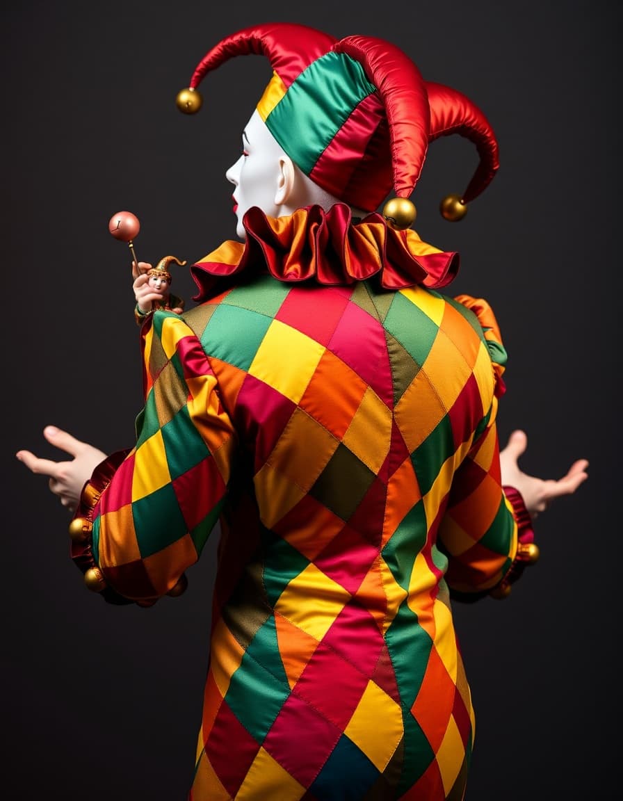 A dynamic scene showing the back and right-side view of a full figure of juggling Harlequin jester, clad in an opulent, vividly colorful motley costume. The fabric is adorned with classic harlequin diamonds in saturated hues—ruby reds, emerald greens, sapphire blues, golden yellows—stitched together in asymmetrical patchwork. The costume features exaggerated pointed shoulder panels and a cascading ruffled collar.

From this vantage, you glimpse the jester’s profile: a tilted head beneath a whimsical tricorn jester hat, with bell-tipped points that gleam with metallic sheen. The hat’s fabric echoes the diamond pattern, mixing colors in unexpected harmony.

Soft, ambient lighting accentuates the textures—the sheen of silk, the weight of velvet, the metal of the bells. The jester holds a marotte (fool’s scepter) in their outstretched hand, crafted with a miniature jester head wearing a matching cap. The background remains neutral and softly blurred, keeping full focus on the expressive silhouette, richly patterned fabric, and playful yet mysterious character.

Key visual elements to convey:

Perspective: from behind and to the right side, showing the shoulder line, back of the head, hat profile, and jester’s gesture.

Color palette: bright luminous primary and secondary jewel tones.

Texture & detail: diamond patchwork, ruffs, bells, marotte props.

Atmosphere: theatrical, slightly mysterious, vibrant yet refined.

Optional stylistic modifiers: intense theatrical lighting, high detail realism, cinematic mood, photographic hyper-realism.
