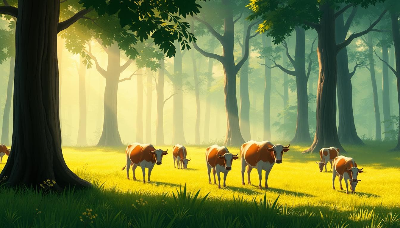 Herd of cows grazing in a lush green forest meadow, sunlight filtering through tall trees, one cow (Punyakoti) slightly away from the group, eating grass, realistic Indian forest environmentHerd of cows grazing in a lush green forest meadow, sunlight filtering through tall trees, one cow (Punyakoti) slightly away from the group, eating grass, realistic Indian forest environment Image Style: Studio Ghibli style, soft lighting, detailed backgrounds, hand-drawn animation, whimsical fantasy scenery, colorful palette