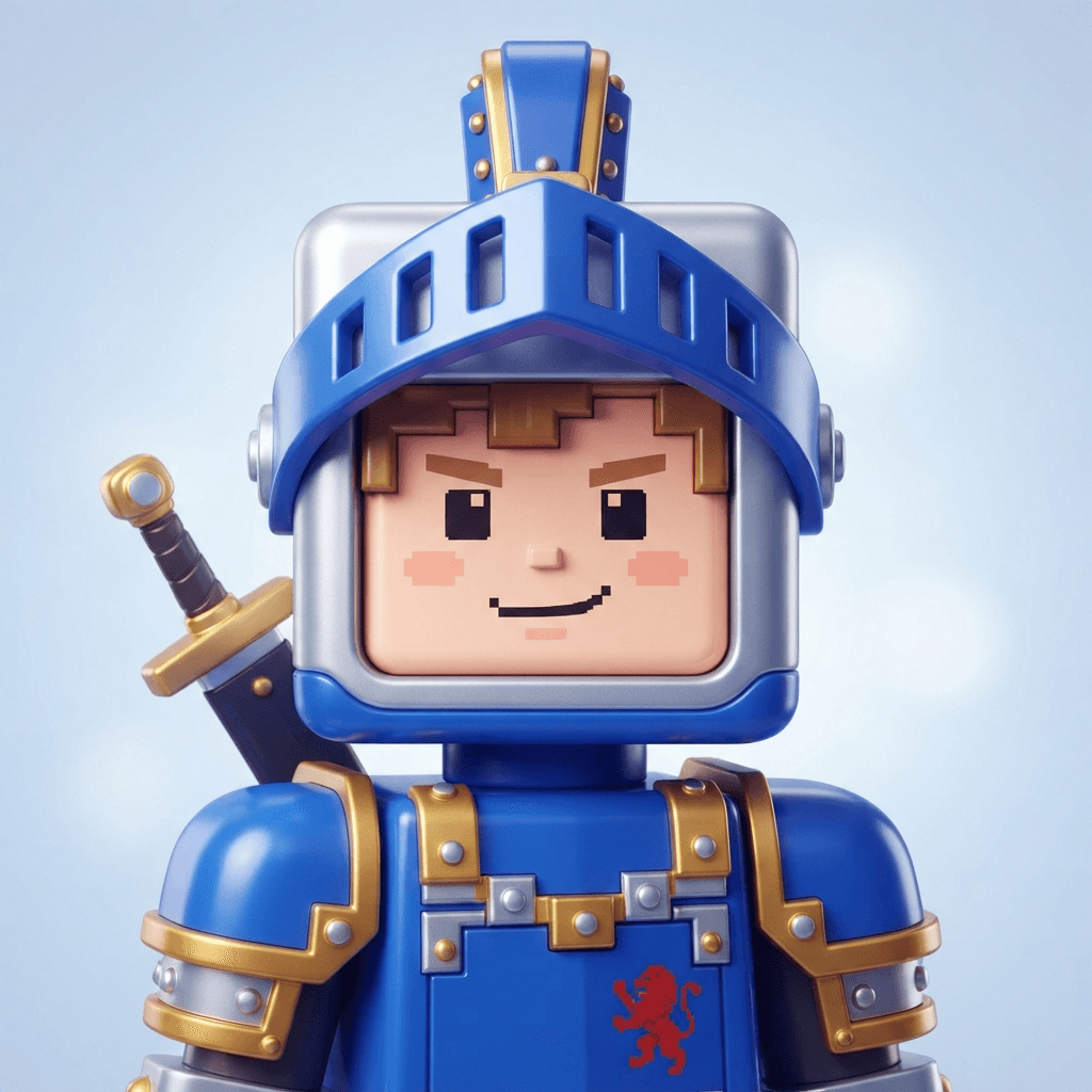 original blocky toy knight avatar character headshot, cube-shaped head, silver and royal-blue helmet, tiny sword, glossy plastic toy render, sandbox video game style