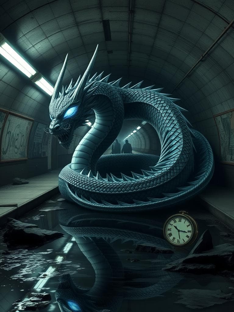 "a cosmic lotus dragon coiled within a dark, abandoned subway tunnel, its scales reflecting the cold glow of flickering fluorescent lights. the dragon's eyes burn with an eerie, pale blue flame, casting an unnatural glow on the damp walls. beneath the lotus, a puddle of stagnant water reflects a distorted, unrealistic scene: crumbling concrete, broken clocks, and shadowy figures lurking. the dragon's plumage seems to ripple like the distorted light, as its low, ominous hum echoes through the eerie silence."