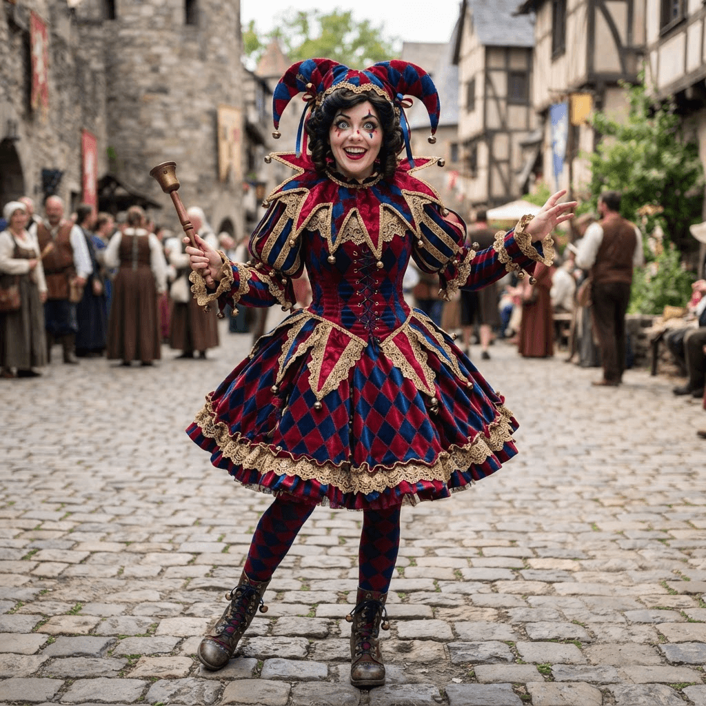 a harlequin jester in a red and blue diamond patterned costume with a belled collar and wide expressive eyes, cosplay reference, full body, standing portrait