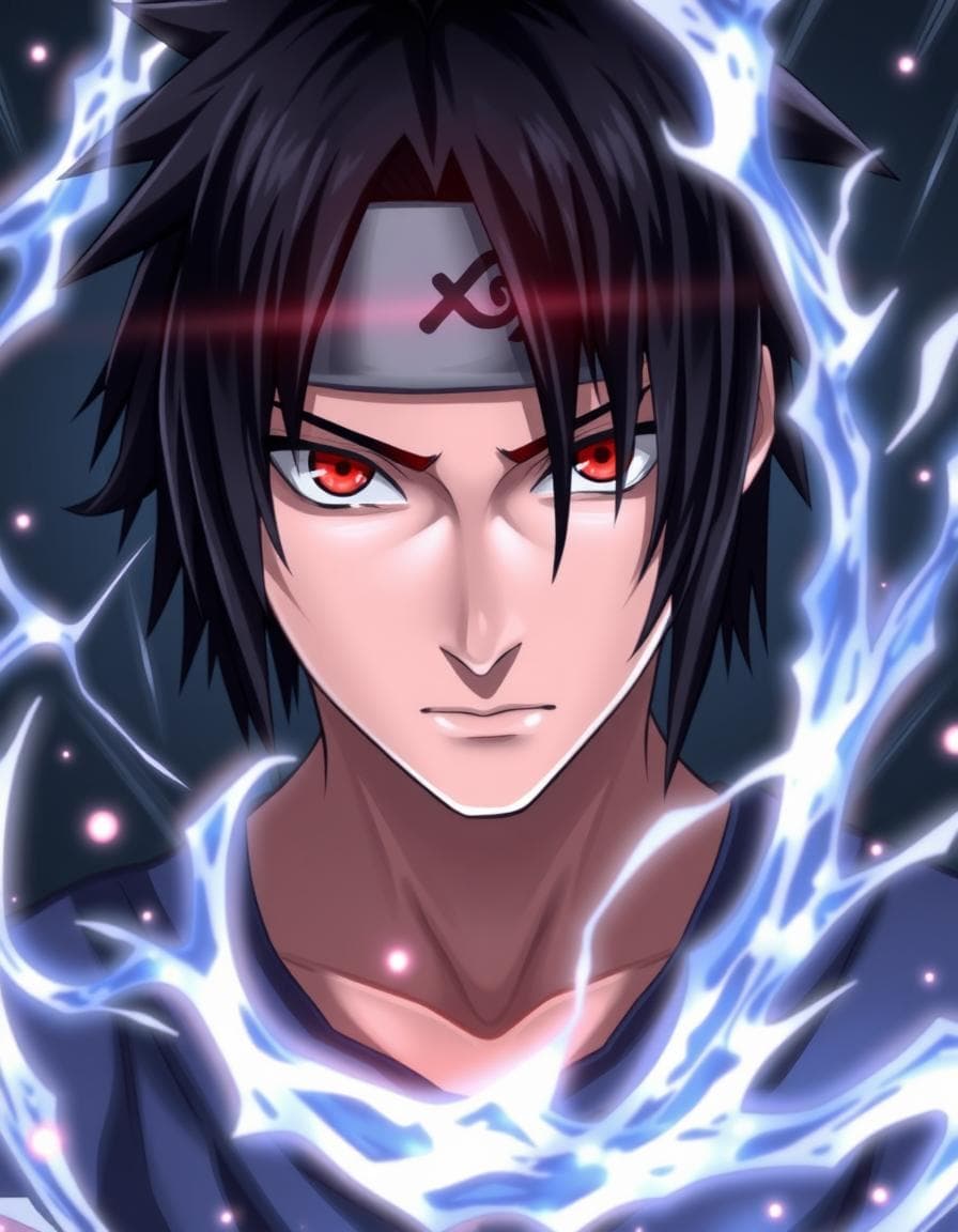 Sasuke Uchiha: con su Chidori cargado, ojos del Sharingan o Rinnegan brillando, mirada fría y fondo oscuro con relámpagos.