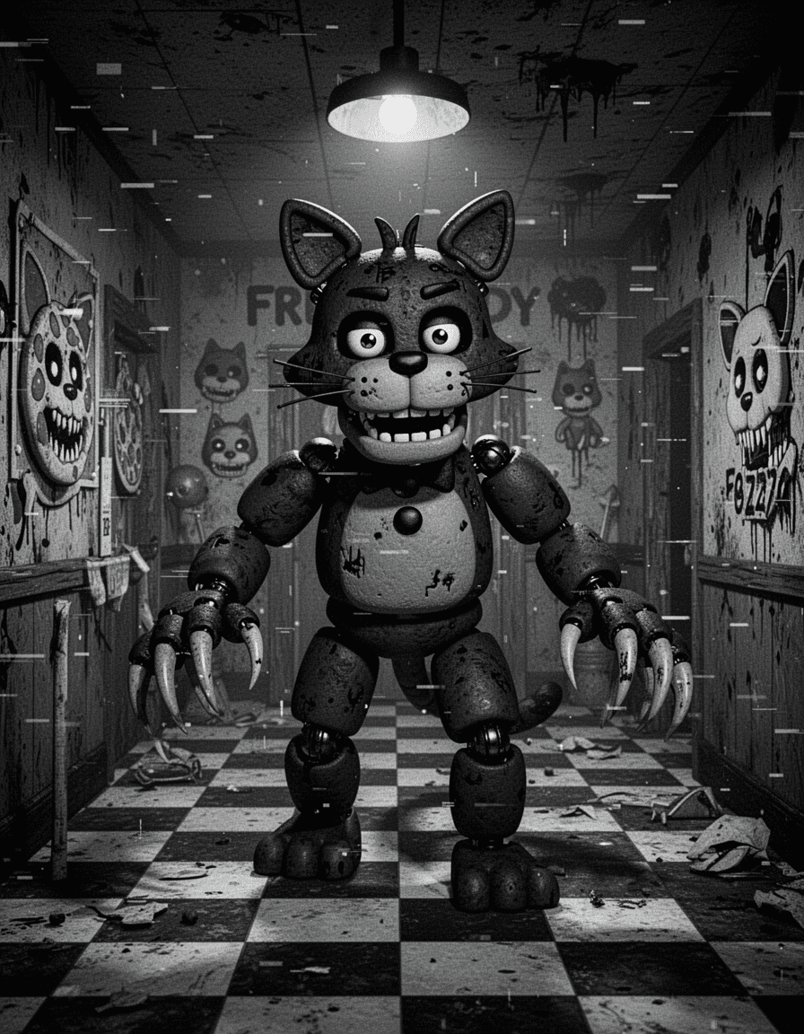 Scary five nights at freddys like cat animatronic moving through creepy pizzeria, black and white screen, static effect,  black and white cat, more sinister face big claws, fnaf 4