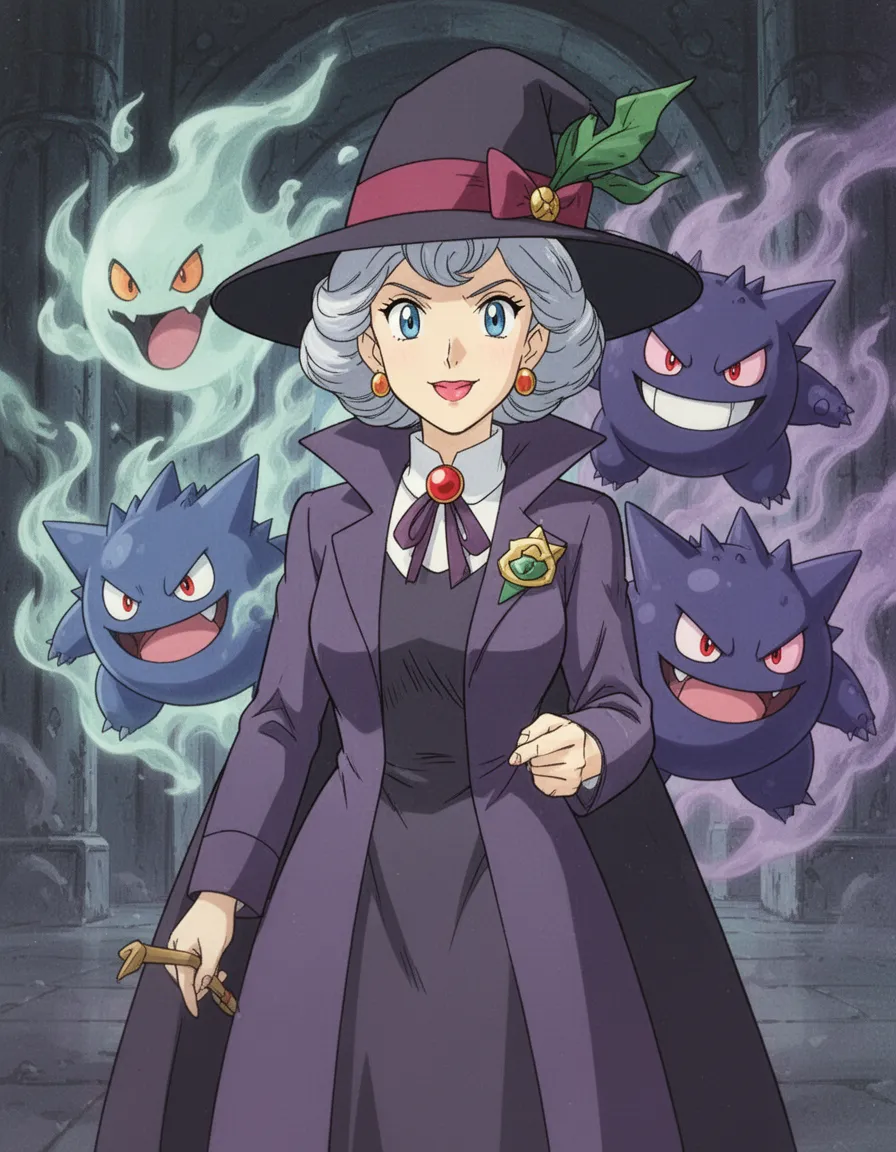 anime, 90´s anime, pokemon, 1girl, flat colors, flat shading, agatha young beautiful witch pokemon leader, ghost pokemon behind her, gengar, accurate details,