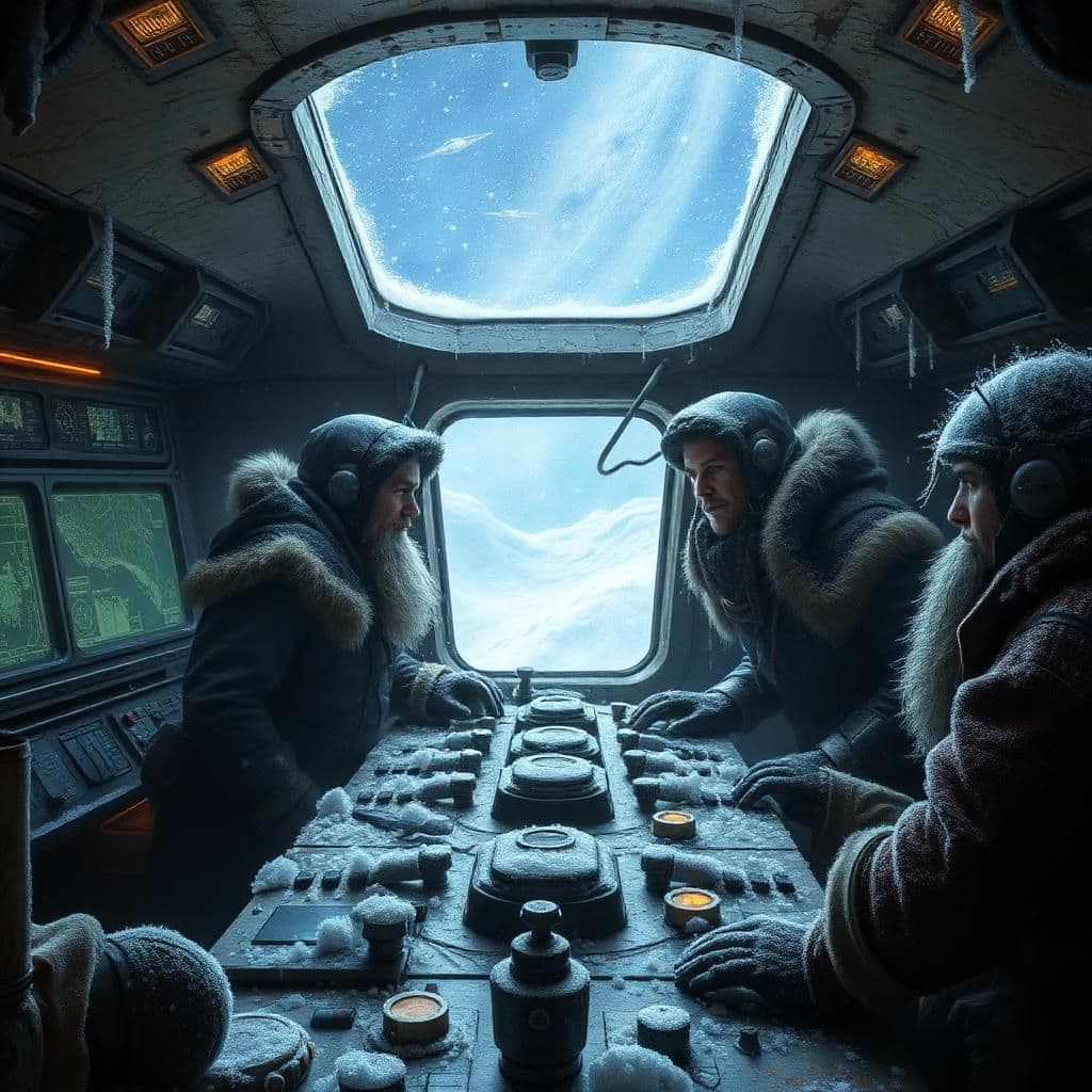inside the control room of a decrepit space pirate ship, the atmosphere is frigid and desperate. crew members, bundled up in layers of tattered, woolen clothing and battered metallic armor, huddle at various stations, their breath visible in the cold air as they monitor star charts and track enemy ships through a swirling vortex of data. the control panels are ice-covered, their flickering lights casting a dim, eerie glow on the worn, rusty surfaces. flickers of frost dance across the cracked glass and peeling paint. through the large viewport, a swirling storm of icy gas and glittering starlight can be seen, with distant galaxies and frozen comets shrouded in a haze of frost and distortion. the ship's interior is heavy with the weight of worn, utilitarian furnishings and the low rumble of the engines, which seems almost stifled by the cold. ice crystals cling to the control levers and navigation screens, and the pirate crew's beards and hair are frosted with a thin layer of ice.
