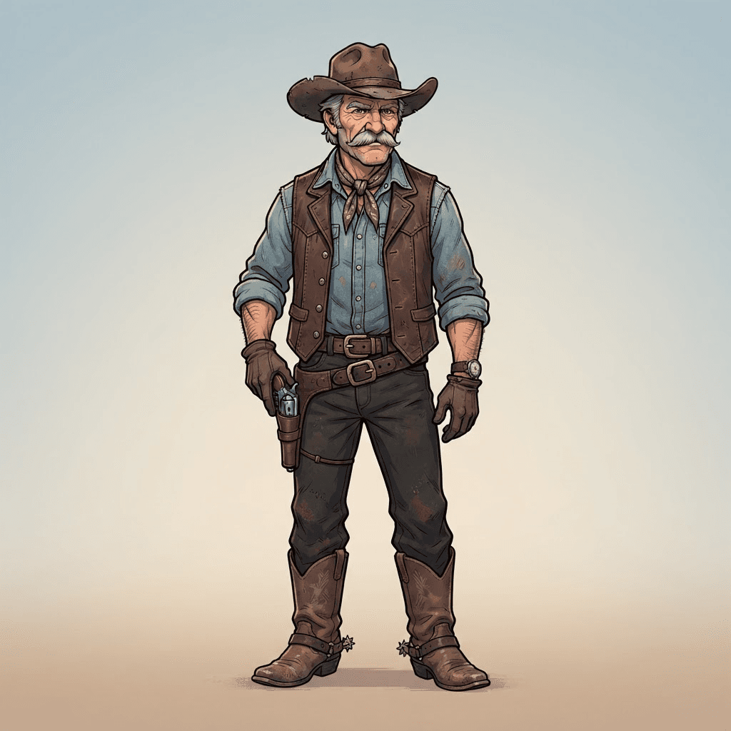 original character design of a weathered older cowboy, thick grey moustache, brown leather vest over a blue shirt, revolver on hip, full body standing pose, bold clean cartoon lineart, flat cel shading, stylized not photoreal, clean soft gradient studio background, vibrant, crisp high detail, digital illustration, no text, no words, no watermark
