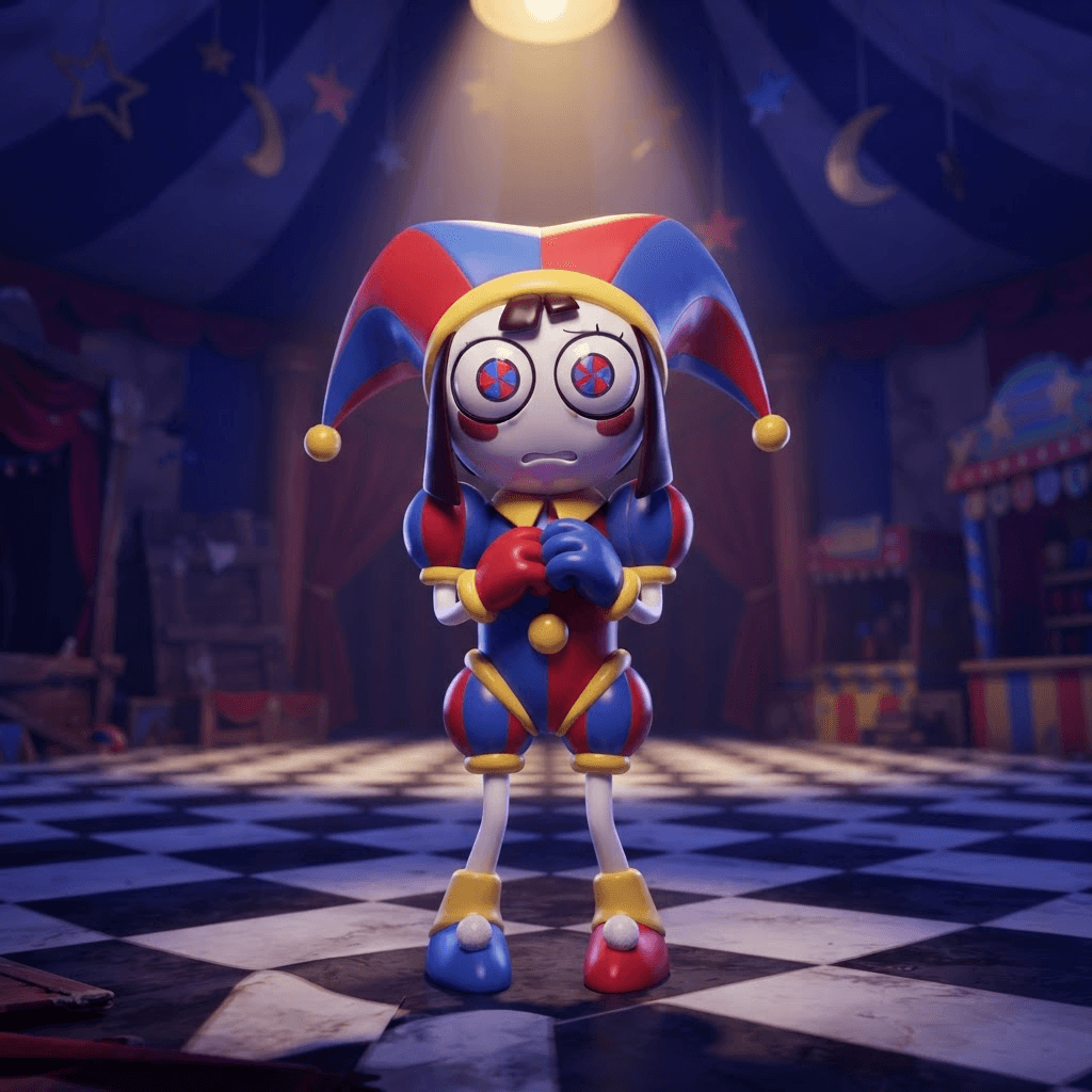 Pomni from The Amazing Digital Circus, full-body portrait, glossy 3D circus style