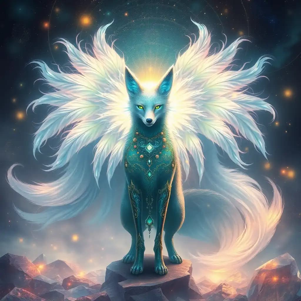 create an otherworldly depiction of a celestial fox being with twelve elongated tails, each shimmering with iridescent hues that shift and change, bathing the surrounding environment with gentle, luminescent radiance. their eyes gleam with an otherworldly glow of sapphire and emerald. their ethereal attire blends organic and metallic elements, reflecting the cosmos and radiating a soft, ethereal light. they stand in a crystalline clearing, surrounded by pulsating orbs of light and swirling cosmic dust, which seem to converge and react to the celestial fox's luminescent form, evoking a sense of grandeur and mystery. the art style is surreal and intricate, with intricate patterns and fractal-like details that captivate the imagination.