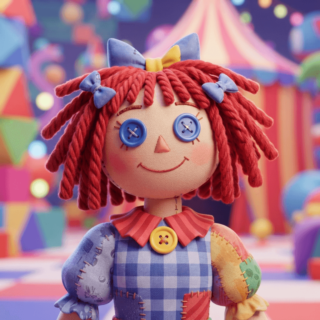 Ragatha from The Amazing Digital Circus, patchwork rag doll girl, red yarn braided hair, blue button eyes, centered avatar bust with a warm welcoming smile, square profile picture crop, glossy 3D circus style, polished expressive 3D animation, bright colorful Amazing Digital Circus environment, no text, no logo, no watermark