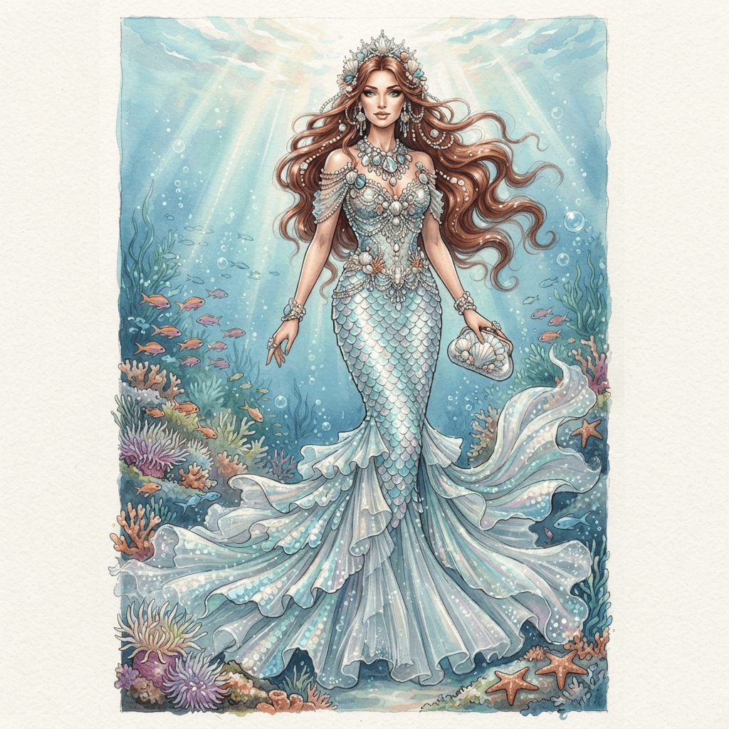 mermaid fashion, iridescent scale gown, pearl and shell accessories, sea foam palette, styled with statement accessories, fashion illustration, full body