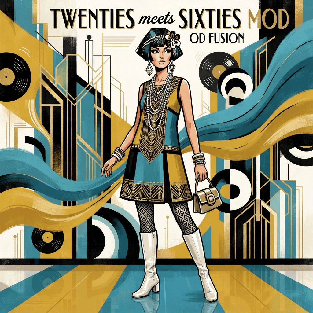 decades themed fashion, twenties flapper meets sixties mod, retro timeline styling, styled with statement accessories, fashion illustration, full body