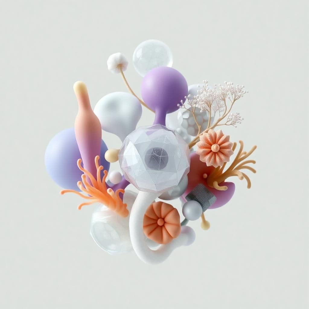 A high-quality 3D render of an abstract composition containing biomorphic forms and geometric transparent shapes. The shapes vaguely resemble underwater creatures, fungus, and plants. The composition is hovering in the middle without gravity.