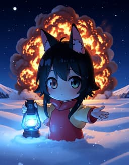 aira stands alone in a vast, deep‑snow field beneath a midnight sky, a soft blue lantern casting gentle light on her face. her hand is extended flat, palm up, fingers spread, as if inviting or guiding unseen forces. behind her, a dramatic fiery explosion erupts, its orange‑red flames and billowing smoke contrasting sharply with the cold, white snow and the quiet blue glow, creating a striking, surreal nightscape.