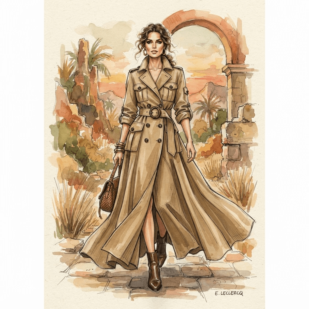 khaki fashion, safari utility styling, belted trench, neutral tan palette, full length gown look, fashion illustration, full body