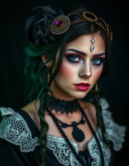 Dark fantasy, horror, goth gypsy, gypsy outfits, hair and makeup done, portraits