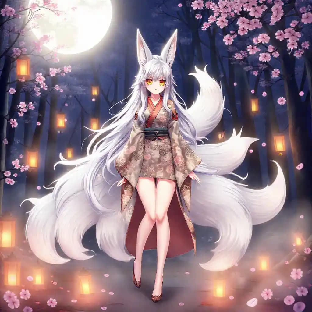 Create an enchanting illustration of a kitsune, a mythical fox spirit with nine tails. She has long, flowing silver hair that sparkles under the moonlight, and her eyes are a mesmerizing shade of golden amber. Her outfit is a blend of traditional and modern, featuring a beautifully detailed kimono with intricate floral patterns and a touch of modern design—a short, sleek lower half that shows off her elegantly slender legs. Her nine tails, each with a soft gradient from silver to a glowing tip, are fanned out gracefully behind her. She stands in a mystical forest clearing, surrounded by glowing lanterns and ethereal mist, with cherry blossom petals gently floating around, adding a magical, serene atmosphere.
