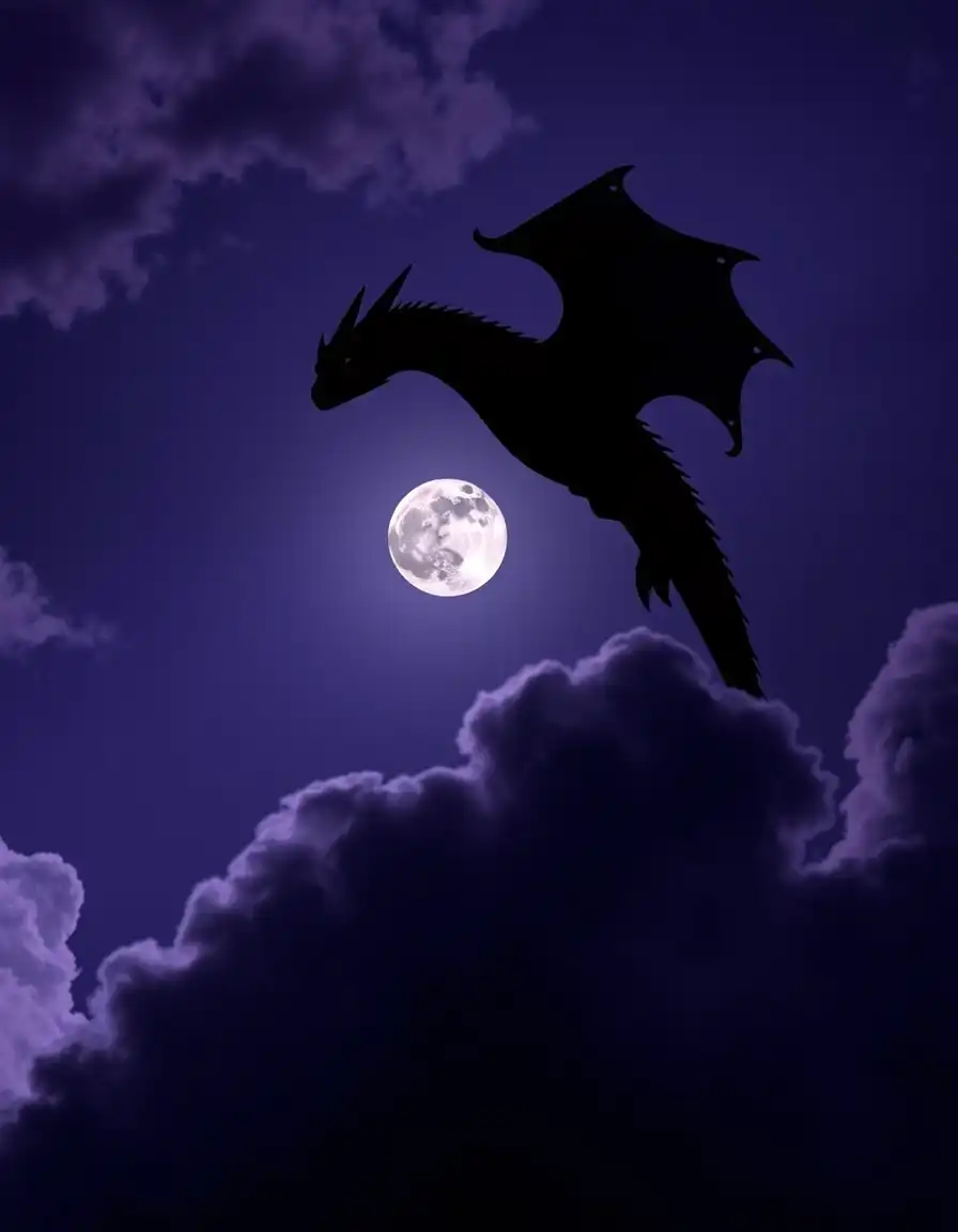 a dark fantasy dragon flies high in the night sky, illuminated by a harsh spotlight that casts its shadow against the purple-hued clouds. the moon is partially occluded by the dragon's snout, its soft lunar glow now a faint afterimage in the dark sky.